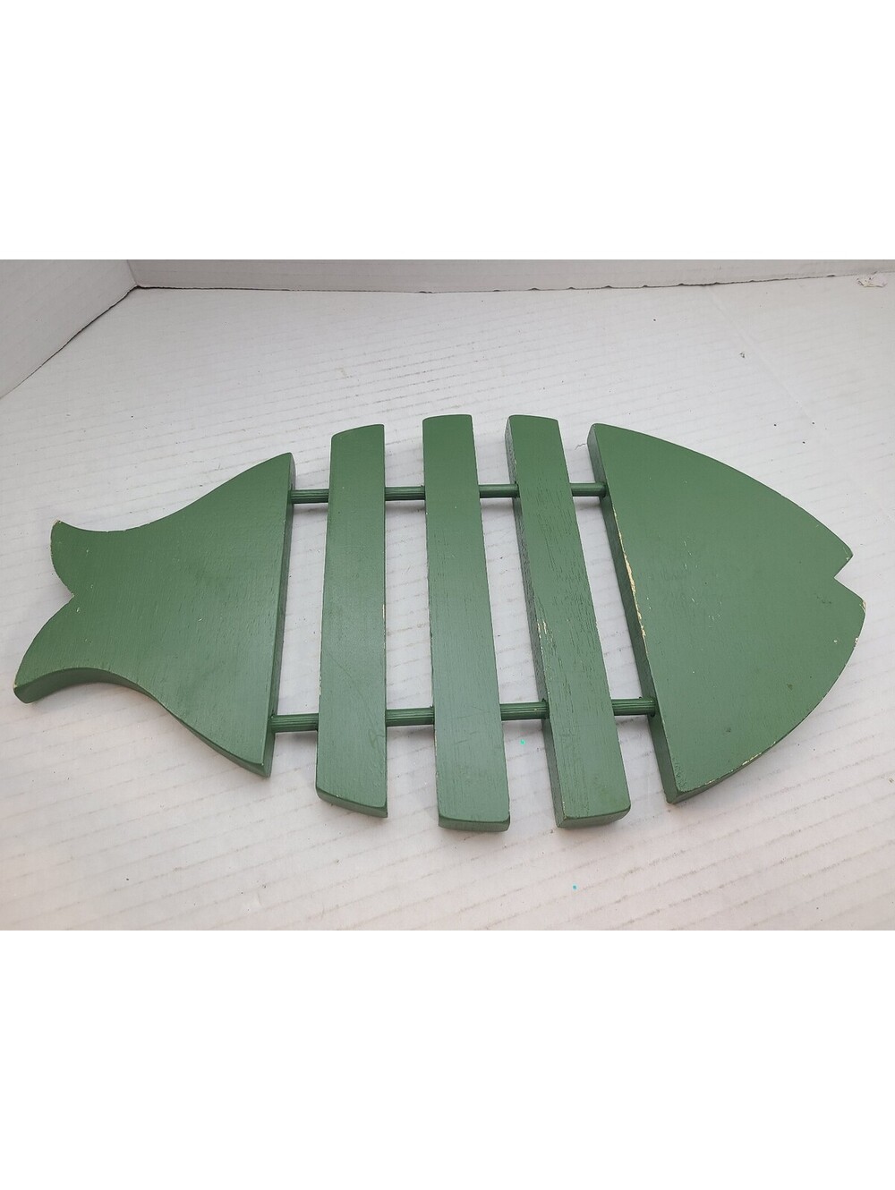 Green Wooden Fish Shaped Vintage Trivet Hot Plate Wall Art
